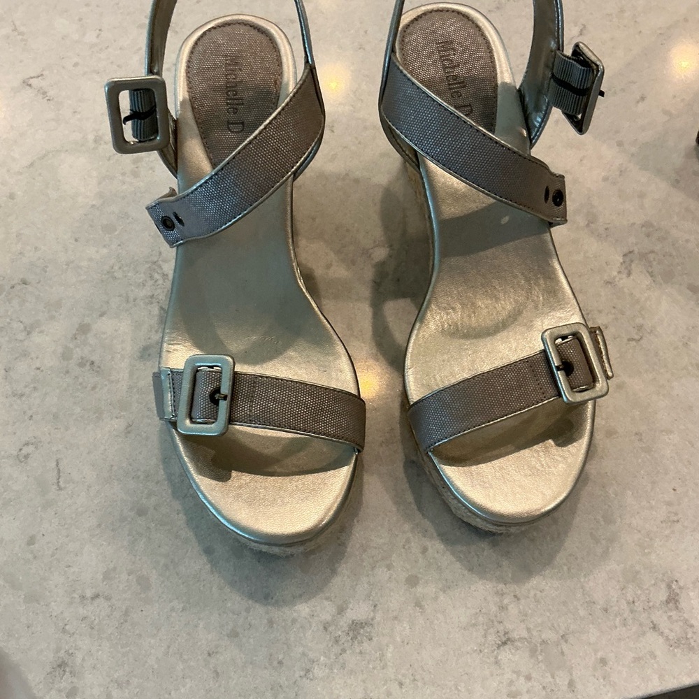 Michelle D Metallic Gray Strappy Wedge Sandals